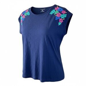 Talbots Petites Navy Embroidered Cap Sleeve T-Shirt Lp 100% Cotton, Large Petite